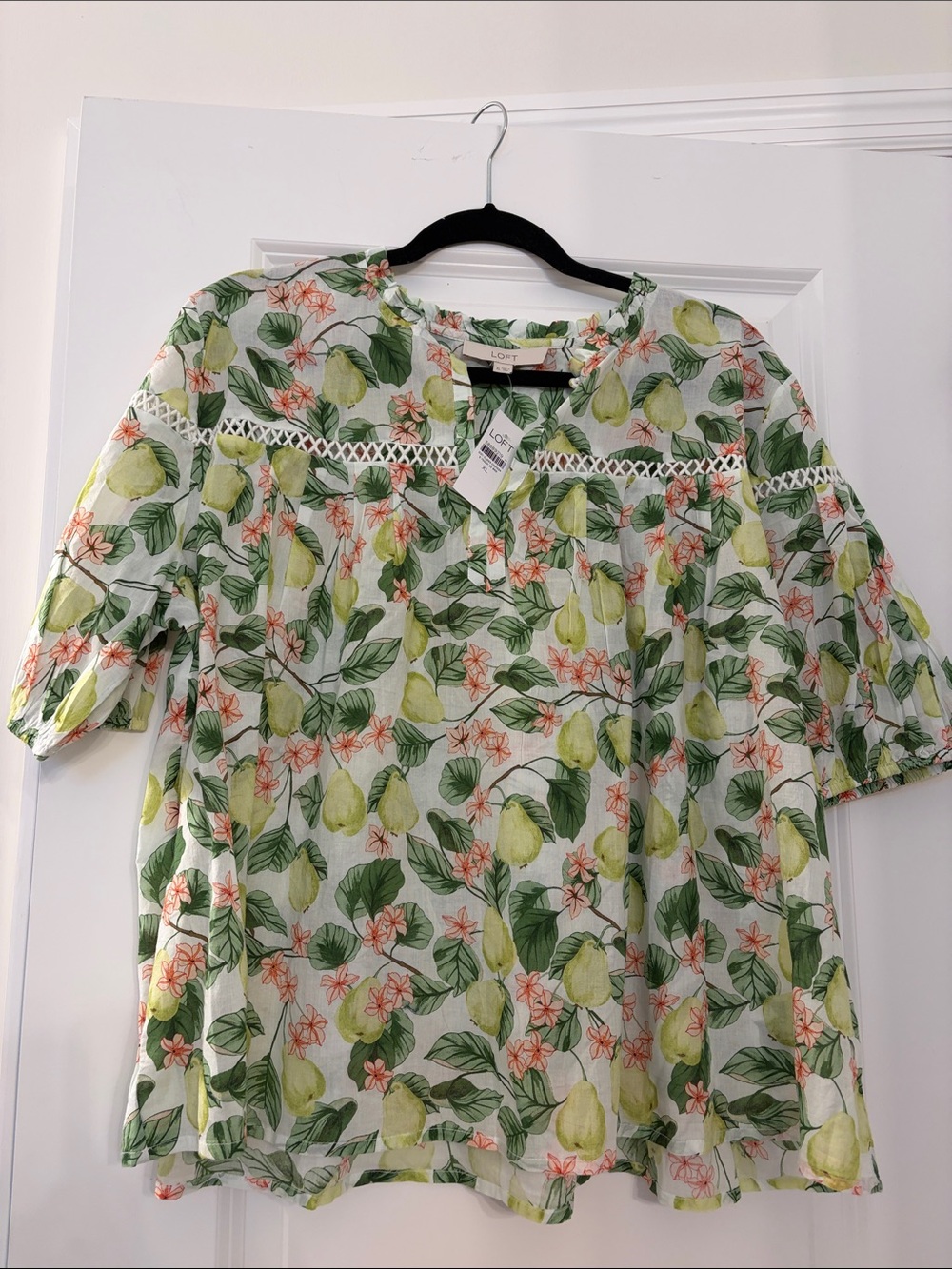 LOFT White Tunic with Green Pear & Pink Floral Print